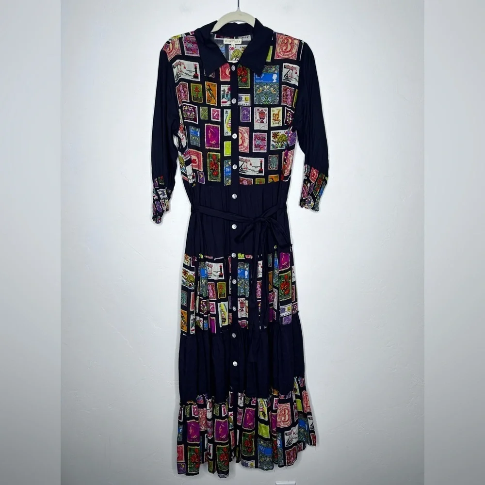 RubyYaya Tiered Postage Stamp Maxi Dress 3/4 Sleeves Button Front Belted Small - Picture 1 of 15